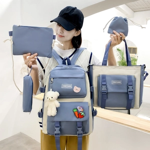 Backpack Tote Shoulder Bag Pencil Case Pouch Korean Style Canvas School Bookbag For Students Girls Color Block Cartoon