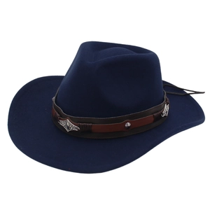 Detail of navy felt cowboy hat featuring brown leather band with ornate silver metal studs