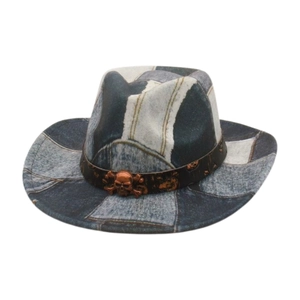 Retro Western Cowboy Hat Denim Patchwork Wide Brim Metal Skull Punk Style Jazz Fedora Outdoor Accessory