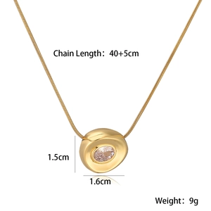 Detail of gold snake chain necklace with irregular pendant and dimension specifications