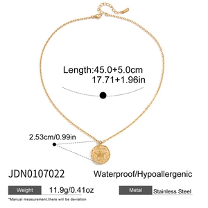 Detailed specs of 18K gold stainless steel necklace with bee coin pendant size info