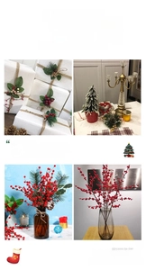 Detailed views of artificial pine needles, red berries, and mini Christmas tree decor