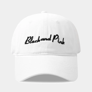 Classic white cotton baseball cap with Black and Pink embroidery in a vintage style