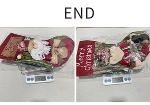 Detailed weight measurement showing two Christmas stockings at 112.7g and 125.5g on scales