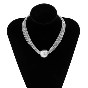 Detail of silver multilayer snake chain necklace with large polished bead on mannequin