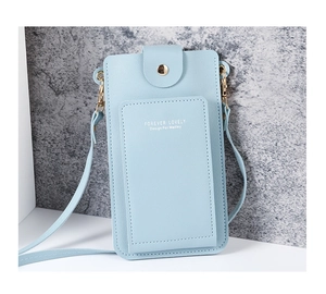Detail of sky blue PU leather phone bag showing stitching and forever lovely lettering
