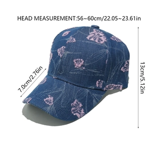 Detailed size specifications for blue denim baseball cap with pink flower embroidery