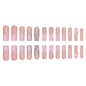 Pink French long square press-on nails with 3D bows and colorful rhinestone accents