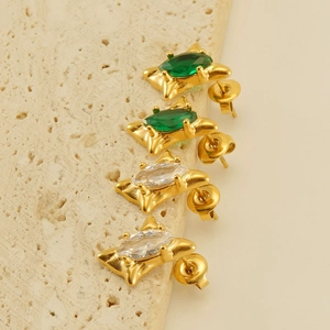 18K gold plated stainless steel starburst stud earrings with emerald green and clear zircon