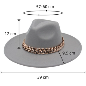 Detailed measurement guide for a grey wide brim fedora with gold acrylic chain decoration