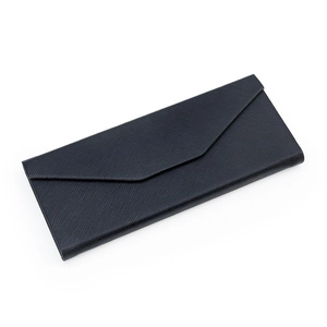 Classic black Saffiano leather foldable triangular sunglasses case in a 45-degree angle view