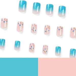 Blue gradient press-on nails with glitter and floral gold foil short square nail tips
