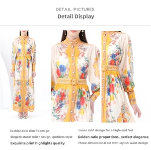 Detail of vintage stand collar and puff sleeves with vibrant floral prints on yellow dress