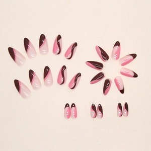 Almond-shaped press-on nails with pink and dark brown abstract wave pattern design