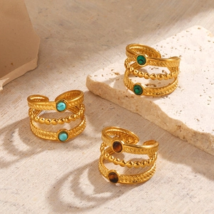 Bague En Acier Inoxydable Pierre Naturelle Bohème Vintage Multicouche Réglable Ouverte Turquoise Malachite Oeil De Tigre Femme