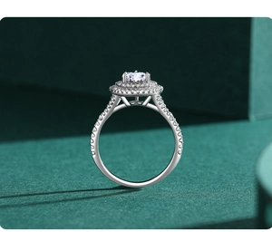 Macro side view of S925 sterling silver heart ring with sparkling halo moissanite