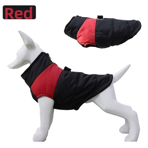 Detail of red and black dog winter vest with metal D-ring for leash attachment