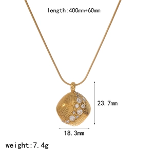 Detailed size specifications for a gold plated square pendant necklace with inset diamonds
