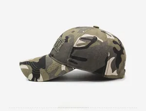 Side view of a jungle camouflage baseball cap with 3D TEAM embroidery and curved brim