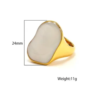 Irregular chunky gold geometric ring with white shell inlay, 24mm height, 11g weight