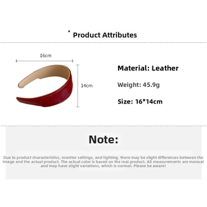 Detail view of red leather headband with 45.9g weight and 16cm x 14cm dimensions