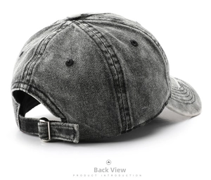 Detail view of the gray washed denim baseball cap back with adjustable metal buckle