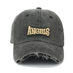 Distressed dark gray baseball cap with 3D gold ANGELS embroidery in retro street style