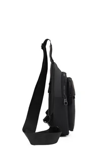 Minimalist black men's chest bag with dual zipper structure and adjustable strap