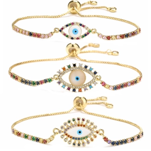 18K Gold Plated Copper Evil Eye Bracelet For Women Adjustable Rainbow Zirconia Tennis Chain Lucky Jewelry Gift