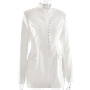 Detail shot of white slim fit blazer dress with stand collar and single breasted buttons
