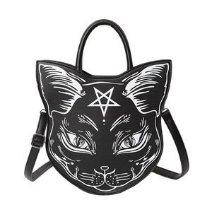 Gothic style black cat head shaped PU leather handbag with pentagram star print detail