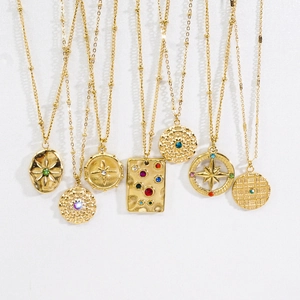 Vintage Pendant Necklace Stainless Steel 14K Gold Plated Colorful Cubic Zirconia Retro Bohemian Style Jewelry For Women