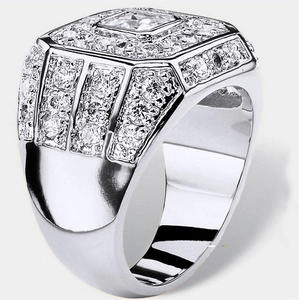 Mens silver plated wide square ring with micro paved clear cubic zirconia stones
