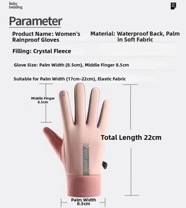 Detailed size chart for pink winter gloves with waterproof fabric and velvet lining
