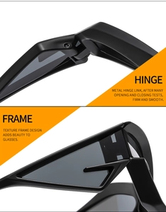 Detail view of durable metal hinges and geometric frame on futuristic Y2K sunglasses