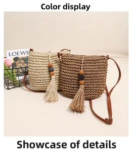 Detail view of woven straw crossbody bags with wooden beads and long fringe tassels