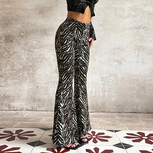 Women Sexy Zebra Print Flare Pants Rhinestone High Waist Wide Leg Streetwear Fashion Long Trousers