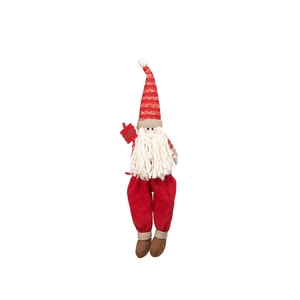 Plush Santa Claus doll with long red hat holding Bienvenue sign for Christmas decoration
