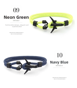 Detail of navy and neon braided rope bracelets with matte black airplane buckles