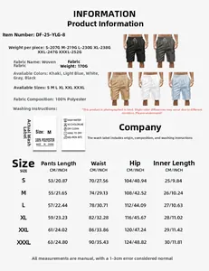 Detailed size chart for men's cargo shorts including length, waist, and hip measurements
