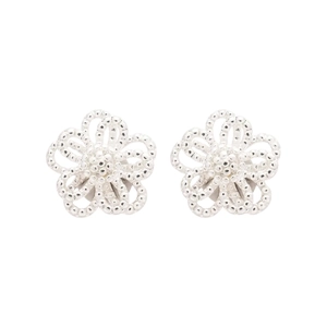 Elegant silver hollow flower stud earrings with beaded texture and minimalist metal design