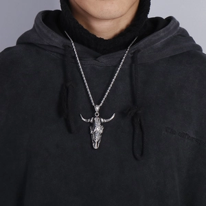 Punk style stainless steel bull skull pendant necklace with rope chain for men