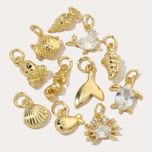 Golden sea animal charms with zircon including turtle, crab and shell for DIY jewelry