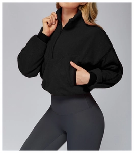 Detail of black fleece jacket showing heavy textured grain and half-zip stand collar