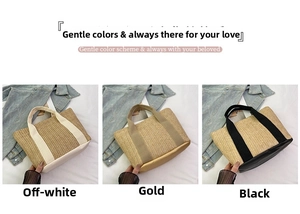 Straw tote bags shown in off-white, gold, and black with reinforced ribbon handles