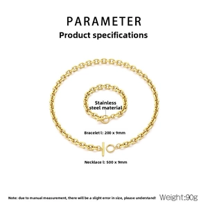 Detailed specs of golden stainless steel necklace and bracelet set with toggle clasp