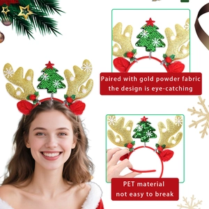 Detail of Christmas headband featuring gold glitter antlers and green sequin trees