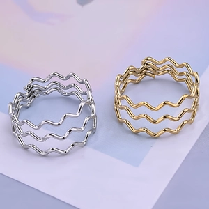 Macro view of triple-layered wave ring design in gold and silver stainless steel finish
