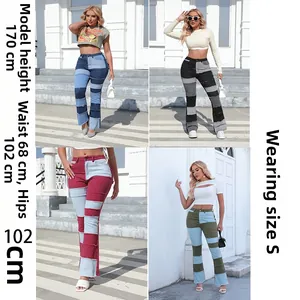 Quatre options de couleurs de jeans évasés patchwork à taille haute en bleu, noir, rouge et olive