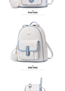 Front and side view of a white PU leather women's backpack with light blue trim and plush charm